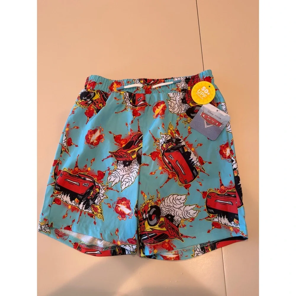 Disney Pixar Cars Lightning McQueen Boys Swim Trunks Blue Size 7 NWT 50+ UPF